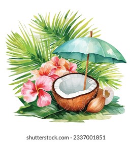 Summer Coconut Watercolor Clipart Designs svg