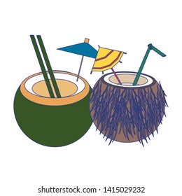 Summer coconuts cocktails with umbrellas and straws cartoon isolated vector illustration graphic design