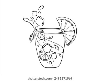 Summer coctail with ice continuous line art drawing isolated on white background. Vector illustration	