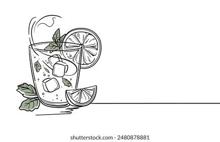 Summer coctail with mint,  continuous line art drawing isolated on white background. Vector illustration	