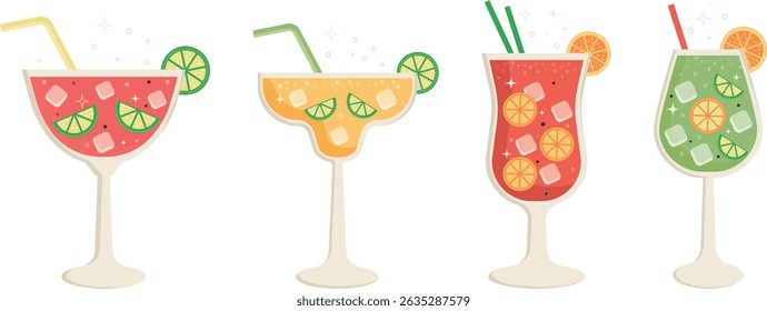 Summer coctail set. Glasses of summer refreshing drink with ice and lime slices on the white background. Vector illustration.