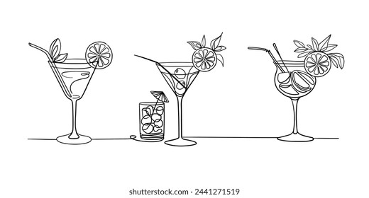 Summer coctails collections continuous line art drawing isolated on white background. Black and white. Vector illustration