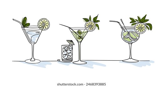 Summer coctails collections continuous line art drawing isolated on white background. Vector illustration