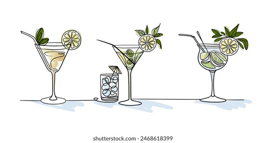 Summer coctails collections continuous line art drawing isolated on white background. Vector illustration