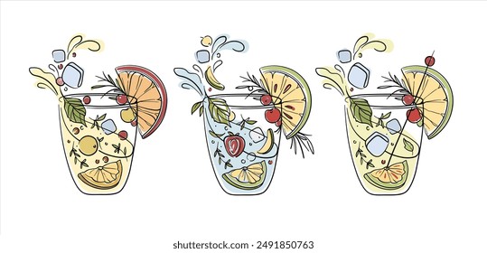 Summer coctails collections continuous line art drawing isolated on white background. Vector illustration	