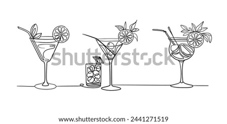 Summer coctails collections continuous line art drawing isolated on white background. Black and white. Vector illustration