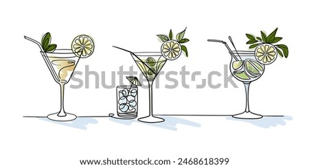 Summer coctails collections continuous line art drawing isolated on white background. Vector illustration