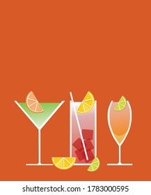 Summer coctails on the orange background. Vector illustration flat design