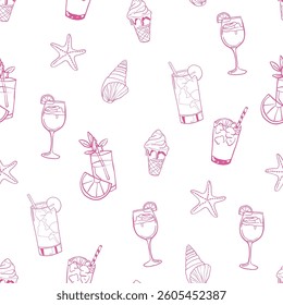 Summer coctails vector seamless pattern with transparent background in whimsical hand drawn outline style. Wallpaper background for menu, packing, scrapbook paper, textile. Pink girly glasses