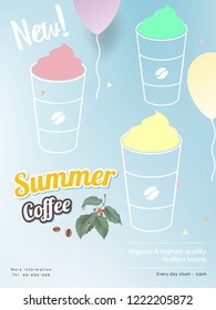 Summer coffee print ad/ poster/ banner template design, 3 cups of coffee with balloons and confetti with advertising message decorated with branch of coffee tree on blue background