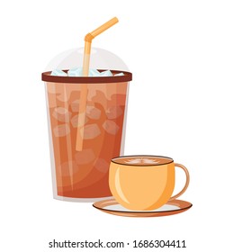 Summer coffeeshop menu cartoon vector illustration. Iced americano. Cappuccino in ceramic mug. Plastic cup with straw. Caffeine drinks flat color object. Refreshment shake isolated on white background