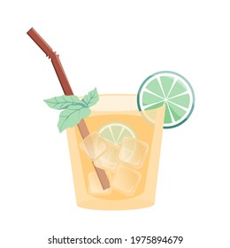 Summer cold cocktail with tube, ice, lime and mint. Refreshing drink. Colorful flat vector illustration.