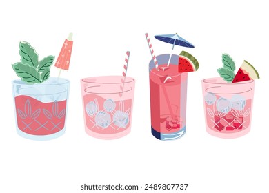 Summer cold cocktails. A set of ingredients for fruit cocktails. Watermelon cold alcoholic and non-alcoholic drinks. World watermelon day. 