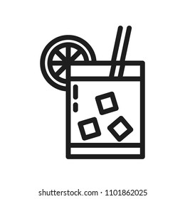 Summer cold drink thin line icon. Vector illustration with a glass of drink with ice cubes and lemon or orange slice and a straw.