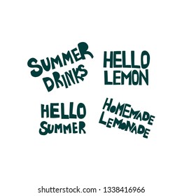 Summer, cold drinks hand drawn flat lettering set