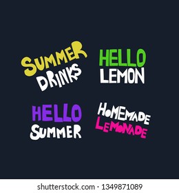 Summer, cold drinks hand drawn flat lettering set