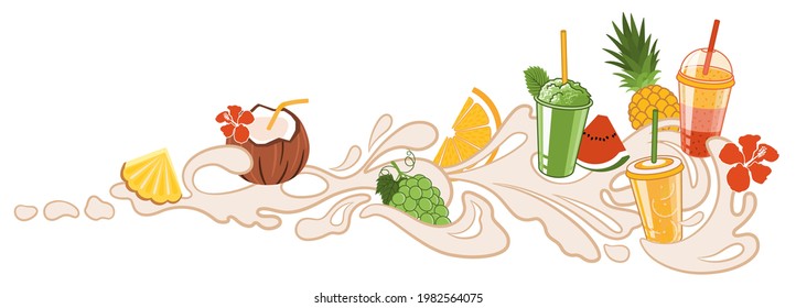 Sommerkalte Getränke wie Smoothie, gefrorenes Getränk und Orangensaft mit Ananas, Orange, Wassermelone, Weintrauben und Kokosgetränk vor dem Hintergrund fließender flüssiger Ornamente.
