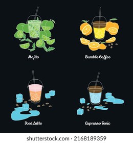 Summer cold drinks with a straw in a transparent glass illustration bright fresh