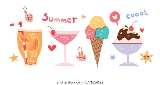 Summer cold food illustration. Juice, cocktail, ice cream, shaved ice.