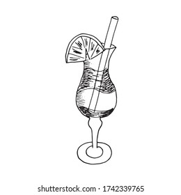 Summer cold ice cocktail with lemon slice and tube in glass. Alcohol drink with different layers. Concept of beach, bar, long, party, celebration. Vector hand drawn illustration in sketch doodle