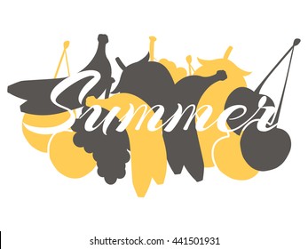 Summer collage of fruit, pattern with strawberries, cherries, grapes and bananas.