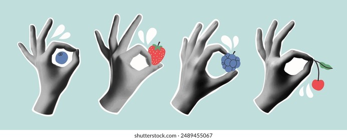 Summer collage hands set with berries. Trendy vector pieces. Gesture signs. Modern forms for card, print on cloth.