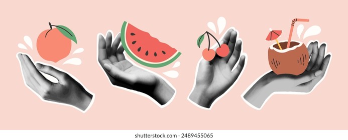 Manos de collage de verano engastadas con frutas. Piezas de Vector de moda. Señales de gesto. Formas modernas para la tarjeta, impresión en tela.