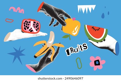 Manos de collage de verano con frutas. Elementos de diseño de collage en estilo pop art punteado de moda.  Señales de gesto. Formas modernas para la tarjeta, impresión en tela.