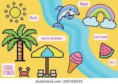 Summer collage pixel art. Summer vacation icons in pixel art design. Dolphin, watermelon, strawberry, cocktail, buttrefly, ice cream. Template for cover, banner, background, advertising, poster. 