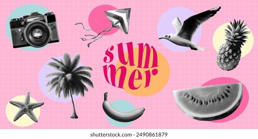 summer collage set with watermelon vintage film photo camera starfish palm tree banana seagull pineapple kite on pink background retro halftone dotted cut-out elements