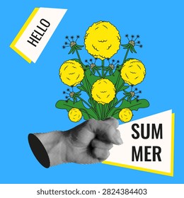 Summer Collage. Trendy vector Collage with Halftone hand with Summer dandelion blowball flowers bouquet isolated blue background. Nostalgia Summer art with bold season message. EPS 10
