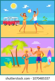 Summer collection of activities people enjoying summer, man and woman playing game, couple drinking cocktails together isolated on vector illustration