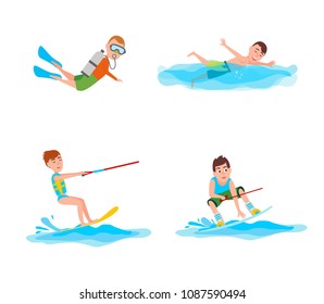Summer collection of activities, scuba diving and swimming boy, kitesurfing and summertime activities and sport vector illustration isolated on white background