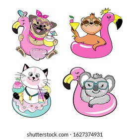 Summer collection of animals on a flamingo rubber ring on a white background isolated. Funny cat, Pug dog, cute sloth and summer koala