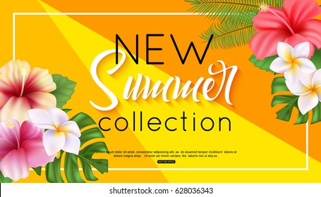 Summer collection banner design with tropical flowers and foliage hibiscus, plumeria.  Vector illustration.