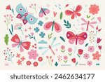 Summer collection - butterflies, flowers, dragonfly, leaves, hearts, roses, tulips, briar, rain drops in Red, Pink, Blue, Green. Perfect for seasonal greetings. Vector illustration 