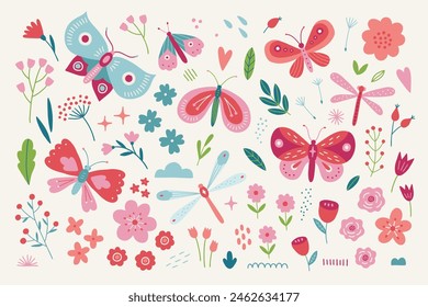 Summer collection - butterflies, flowers, dragonfly, leaves, hearts, roses, tulips, briar, rain drops in Red, Pink, Blue, Green. Perfect for seasonal greetings. Vector illustration 