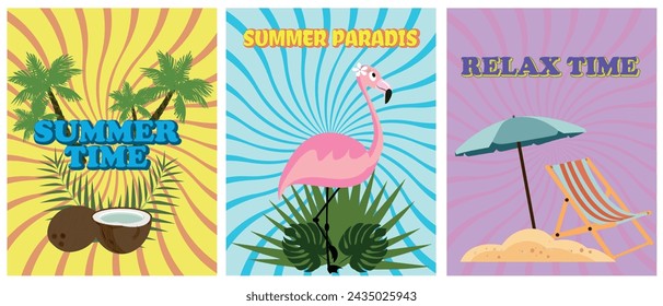 Colección de tarjetas de verano. Diseño plano y colorido. Flamencos brillantes, follaje tropical, palmeras, una tumbona con sombrilla y un delicioso cóctel. Encarna el espíritu de la diversión de verano.