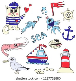 Summer collection of cartoon vector sea elements. Isolated doodle colorful items, cat, fish, ship. Sea design for prints, T-shirt, posters. 