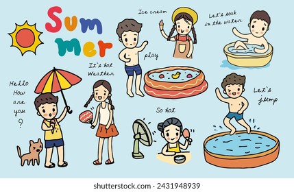 Summer collection, children feel hot in summer, play water, eat ice cream, kid activities on summer. Hand drawn style vector illustration.