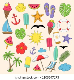 Summer - collection of colourful hand drawn icons. Vector.