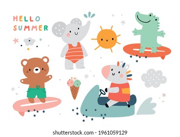 Summer collection with cute cartoon baby animals on the beach. Bear, elephant, crocodile, zebra vector illustration isolated on white background. Tropical animals party. Travel animal vacation