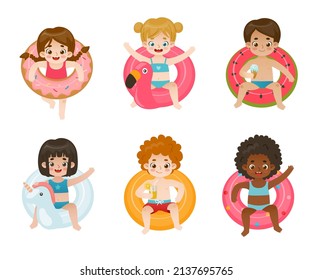 Summer collection of cute children on inflatable ring. Set of diverse kids in swimsuit floating on the inflatable circle. 