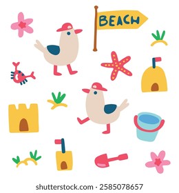 Summer collection with cute seagulls in caps on the beach walking among sandcastles. Vector childish hand-drawn illustration in simple hand-drawn modern style.