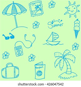 Summer collection of doodle with green backgrounds