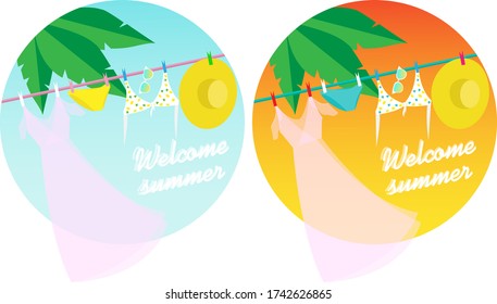 Summer collection. Flat style illustration for summer vacation. Beach set: dress, swimsuit, hat, sunglasses