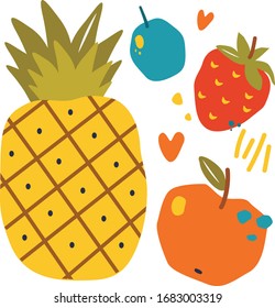 Summer collection of fresh fruits. Hand drawn flat illustration.  Modern style and bright colors. Healthy lifestyle and diet design.