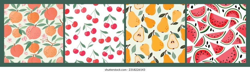 Summer collection with fruits seamless patterns, decorative wallpaper, seasonal  fresh fruits backgrounds