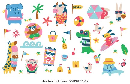 Summer Collection of Funny Animals on the Beach in Quirky Swimwear with Various Relaxation Elements. Vector Childish Hand-Drawn Illustration in Simple Modern Cartoon Style