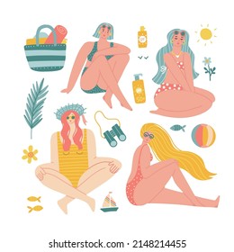 Summer collection with girls in swimsuits on the beach. Vector flat hand drawn illustration of resting women and vacation objects with summer holidays by the sea. Creator scene collection.